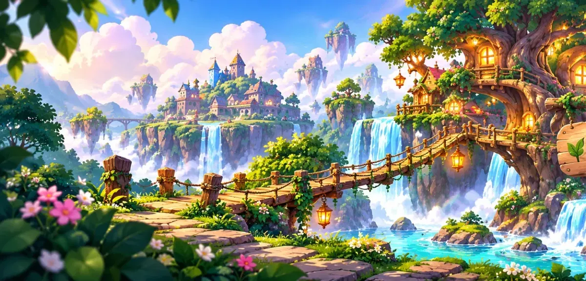 Floating islands, a treehouse, waterfalls, and a bridge in the TOADAL GAMES world