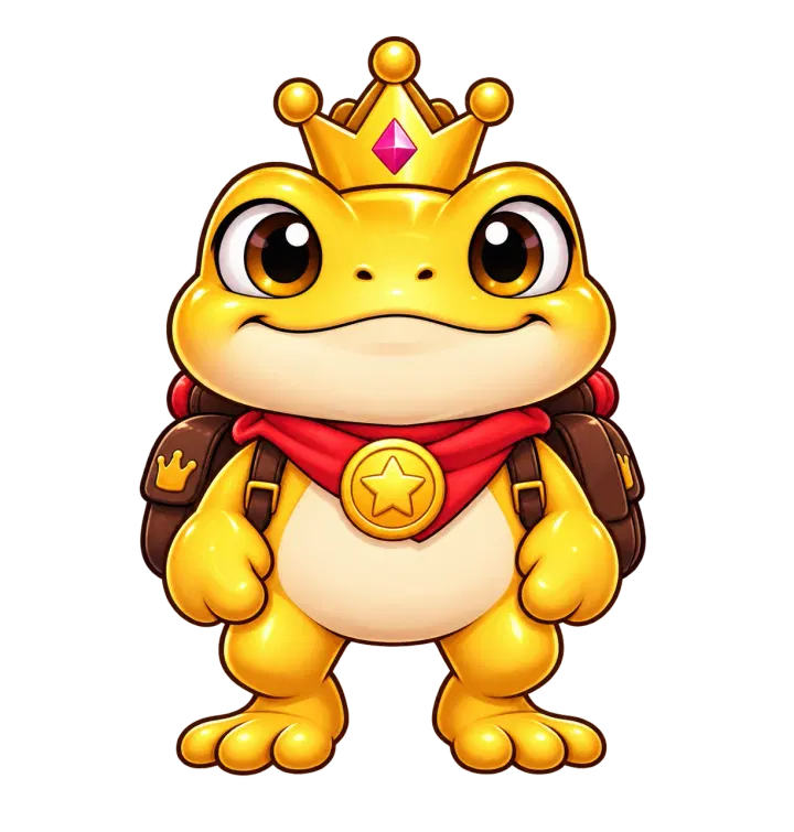 Toadal, the golden crowned frog with a red scarf and backpack